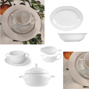 Juego de tazas y platos de porcelana blanca con decoración floral y cubiertos de madera. Especialistas en listas de boda Cuidada selección de artículos de mesa y decoración