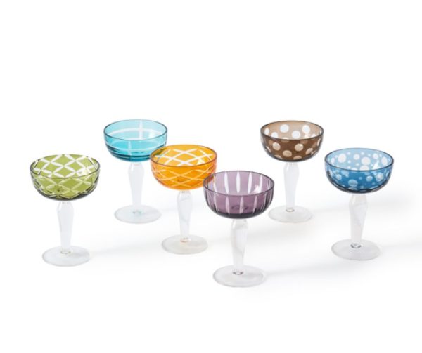 Set de 6 copas bajas de champán talladas colores Rainbow